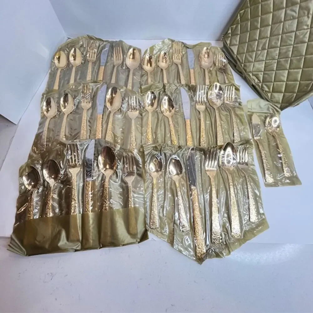 Vintage 1968 Cellini Romanesque Roses Gold Flatware Set 44Pc Japan w/ Case